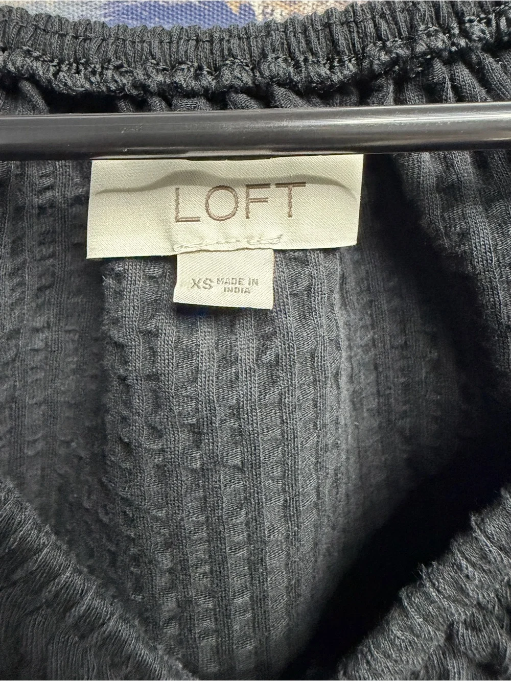 LOFT 100% Cotton Black Textured Puff Sleeve V Neck Blouse Ruched Short Sleeve